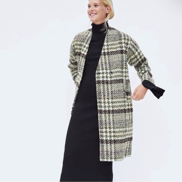 ❌ S O L D ❌ ZARA Black Cream Plaid Houndstooth Tweed Lapeless Long Coat Medium - Picture 2 of 15